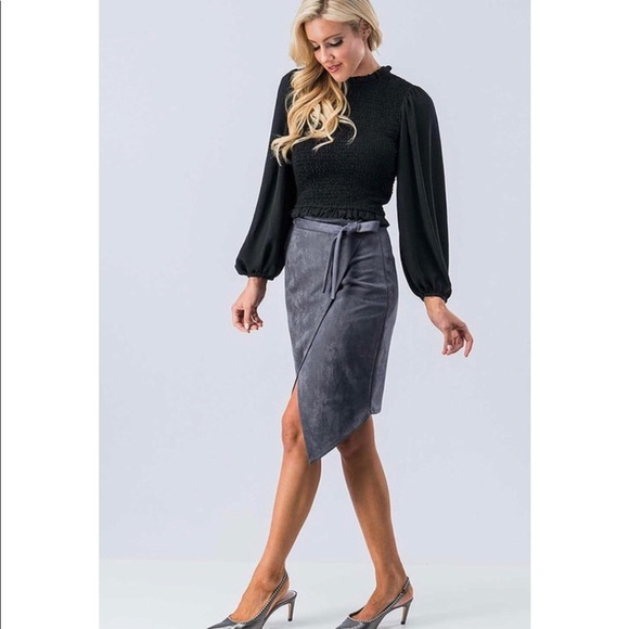 Charcoal Faux Suede Overlap Skirt - Picture 1 of 8